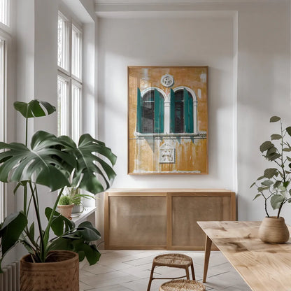 Venice Architecture I by Aledanda. shown as a print in a natural wood frame in a dining room. Available as a archival giclee rolled canvas, fine art paper, or poster print. SKU 81696h.