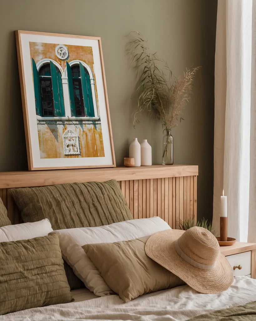 Venice Architecture I by Aledanda. shown as a paper print in a natural frame. Available as a archival giclee rolled canvas, fine art paper, or poster print. SKU 81696h.