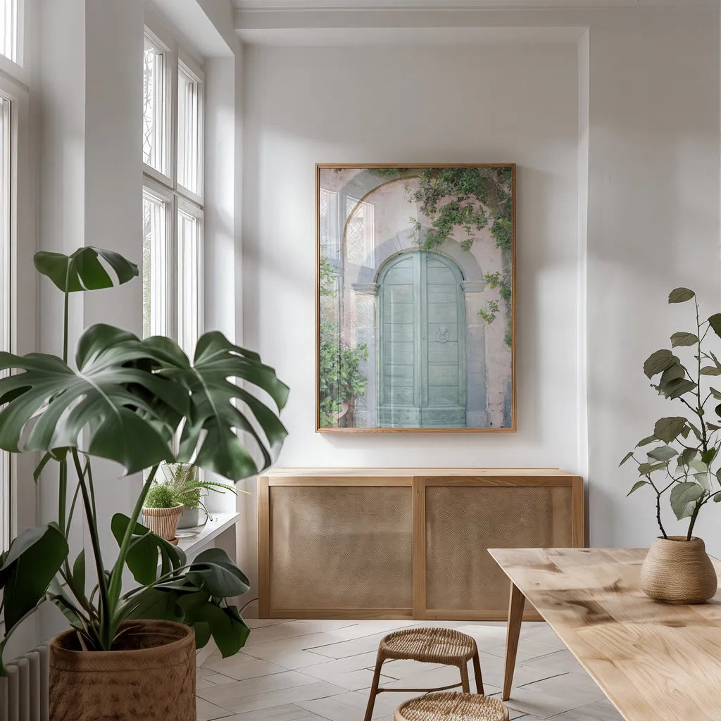 Venice Doorway Light by Aledanda. shown as a print in a natural wood frame in a dining room. Available as a archival giclee rolled canvas, fine art paper, or poster print. SKU 67213h.