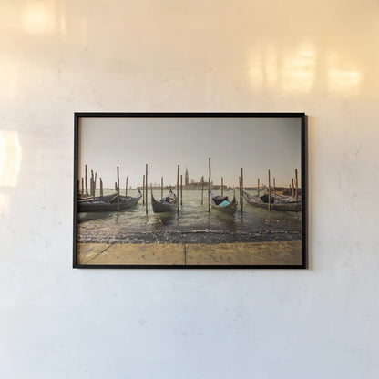 Venice Gondolas by Aledanda. shown as a paper print in a black flame. Available as a archival giclee rolled canvas, fine art paper, or poster print. SKU 81701i.