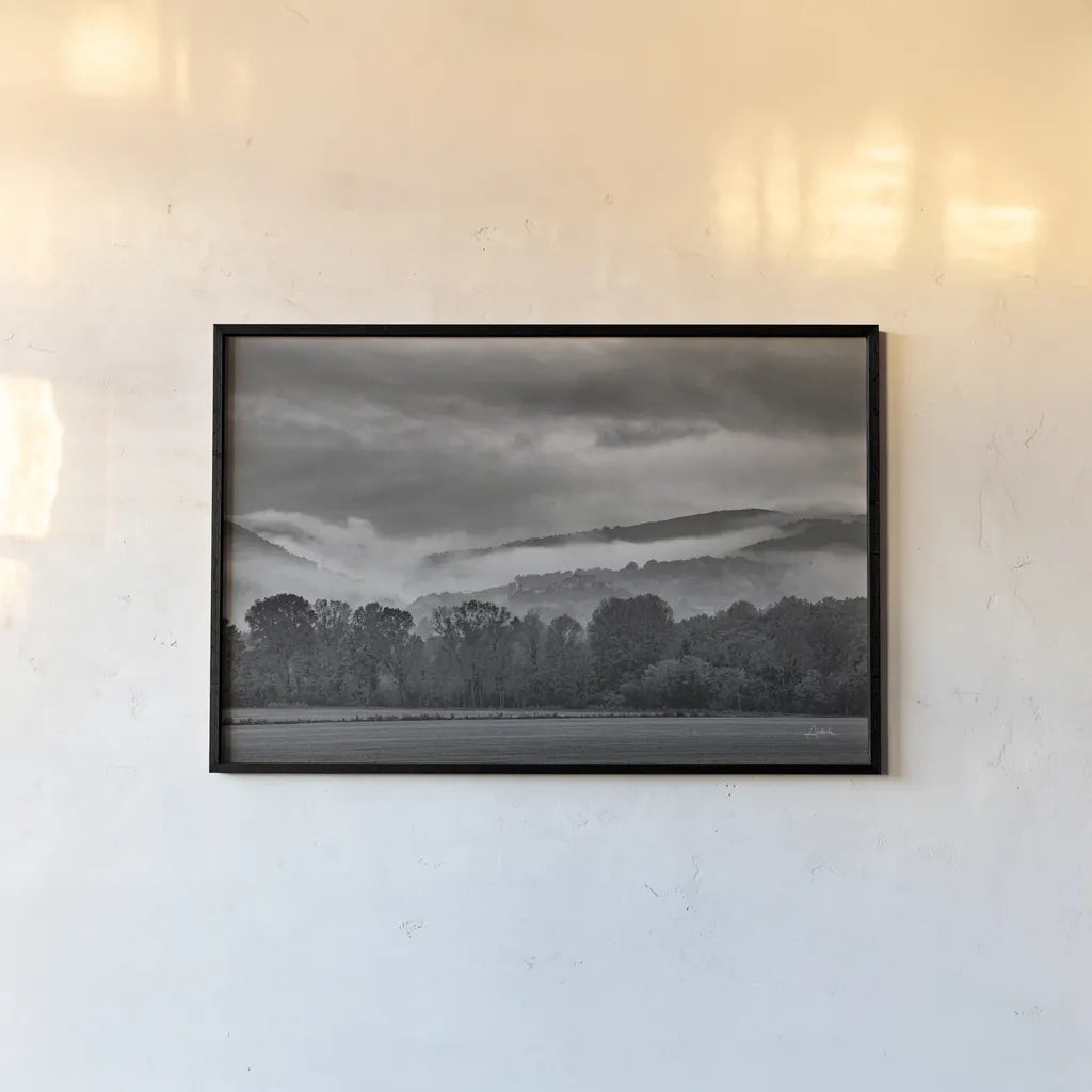 Village in the Fog by Aledanda. shown as a paper print in a black flame. Available as a archival giclee rolled canvas, fine art paper, or poster print. SKU 75865i.