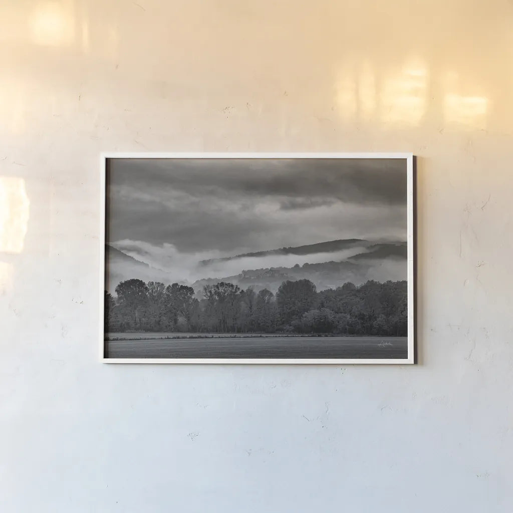 Village in the Fog by Aledanda. shown as a paper print in a white frame. Available as a archival giclee rolled canvas, fine art paper, or poster print. SKU 75865i.