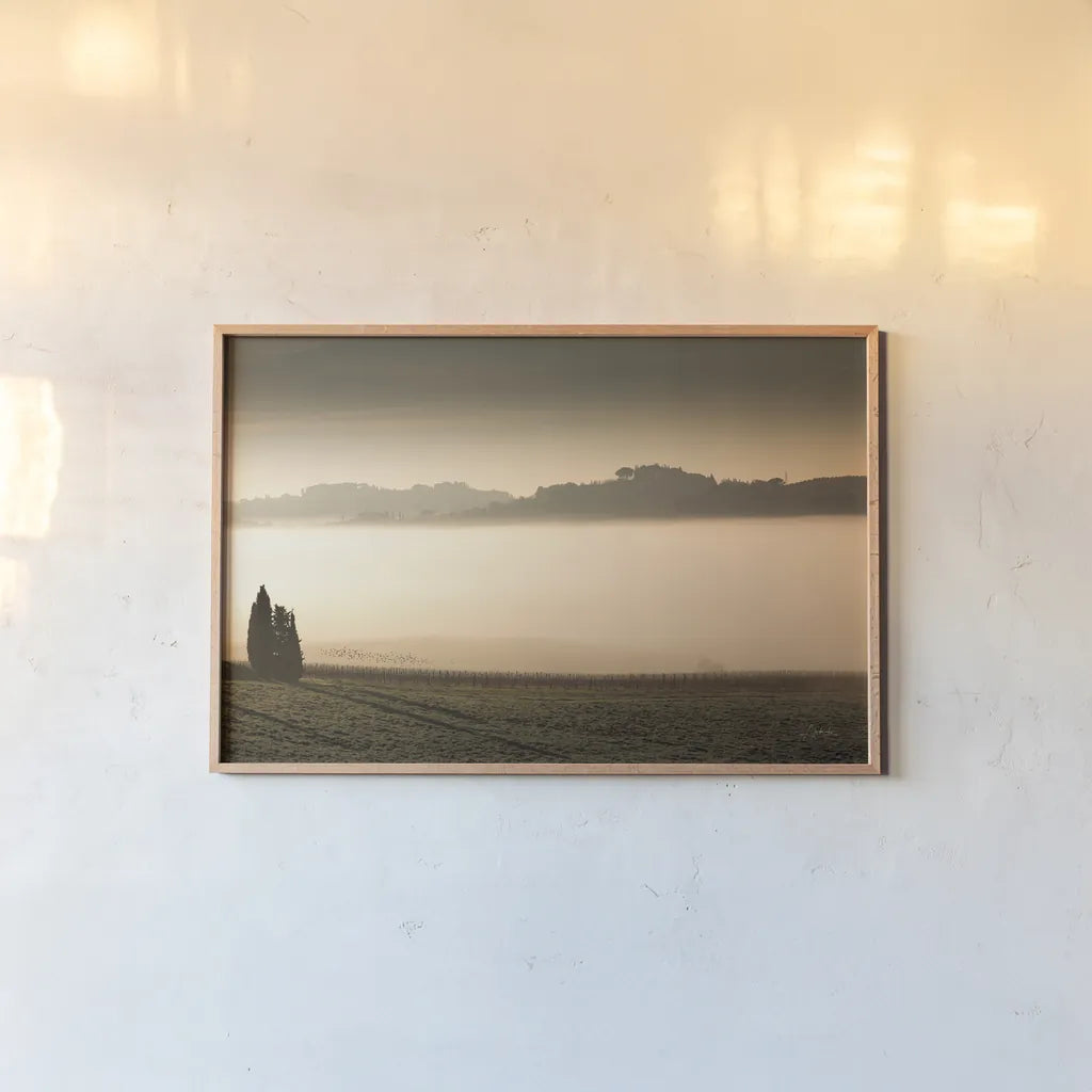 Vineyard Fog by Aledanda. shown as a paper print in a natural frame. Available as a archival giclee rolled canvas, fine art paper, or poster print. SKU 72742i.