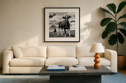 Waiting BW Crop by Aledanda. Displayed in a glass frame with matte in a clean modern living room. Available as an archival giclee rolled canvas, fine art paper, or poster print. SKU 38312a.
