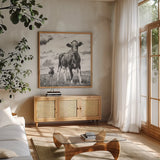 Waiting BW Light Crop by Aledanda. Shown in a natural wood frame in a cozy modern living room. Available as an archival giclee rolled canvas, fine art paper, or poster print. SKU 41192a.
