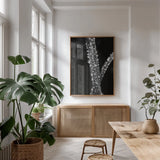 Water Droplets by Aledanda. shown as a print in a natural wood frame in a dining room. Available as a archival giclee rolled canvas, fine art paper, or poster print. SKU 55304h.