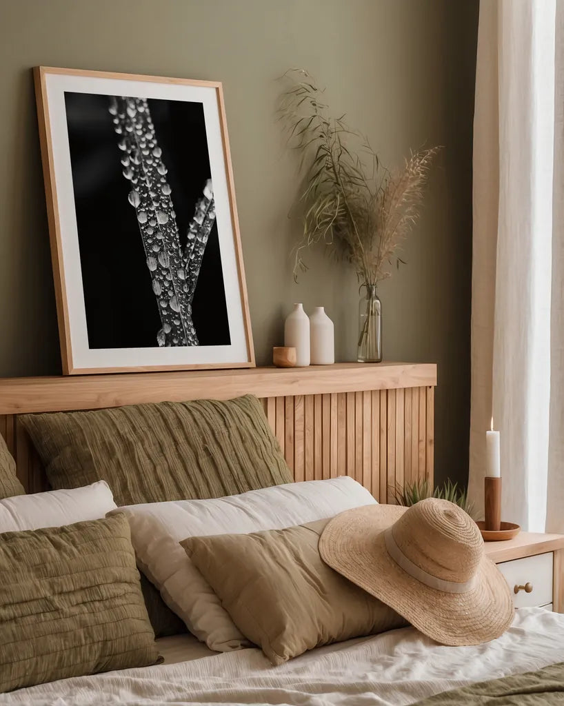 Water Droplets by Aledanda. shown as a paper print in a natural frame. Available as a archival giclee rolled canvas, fine art paper, or poster print. SKU 55304h.