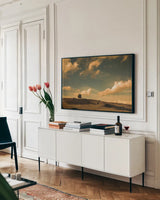 What Beautiful Clouds by Aledanda. shown as a framed stretched canvas in a living room above a console. Available as a archival giclee rolled canvas, fine art paper, or poster print. SKU 38325i.