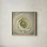 White Peony by Aledanda. Shown in a natural wood glass frame for a timeless modern aesthetic. Available as an archival giclee rolled canvas, fine art paper, or poster print. SKU 37450a.