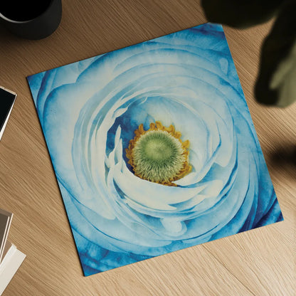 White Peony with Blue by Aledanda. Shown as a detailed flat fine art print, highlighting archival giclee quality. Available as an archival giclee rolled canvas, fine art paper, or poster print. SKU 45211a.