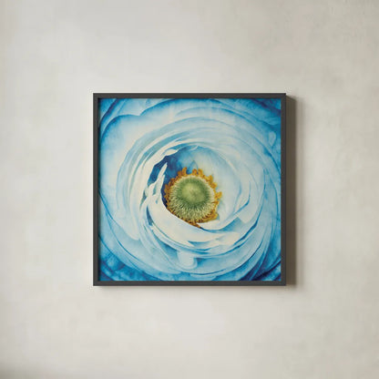 White Peony with Blue by Aledanda. Shown in a sleek black glass frame for a contemporary gallery look. Available as an archival giclee rolled canvas, fine art paper, or poster print. SKU 45211a.