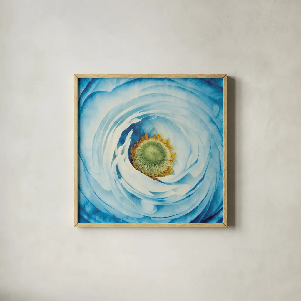 White Peony with Blue by Aledanda. Shown in a natural wood glass frame for a timeless modern aesthetic. Available as an archival giclee rolled canvas, fine art paper, or poster print. SKU 45211a.