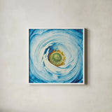 White Peony with Blue by Aledanda. Shown in a crisp white glass frame for a clean and minimalist style. Available as an archival giclee rolled canvas, fine art paper, or poster print. SKU 45211a.