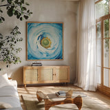 White Peony with Blue by Aledanda. Shown in a natural wood frame in a cozy modern living room. Available as an archival giclee rolled canvas, fine art paper, or poster print. SKU 45211a.
