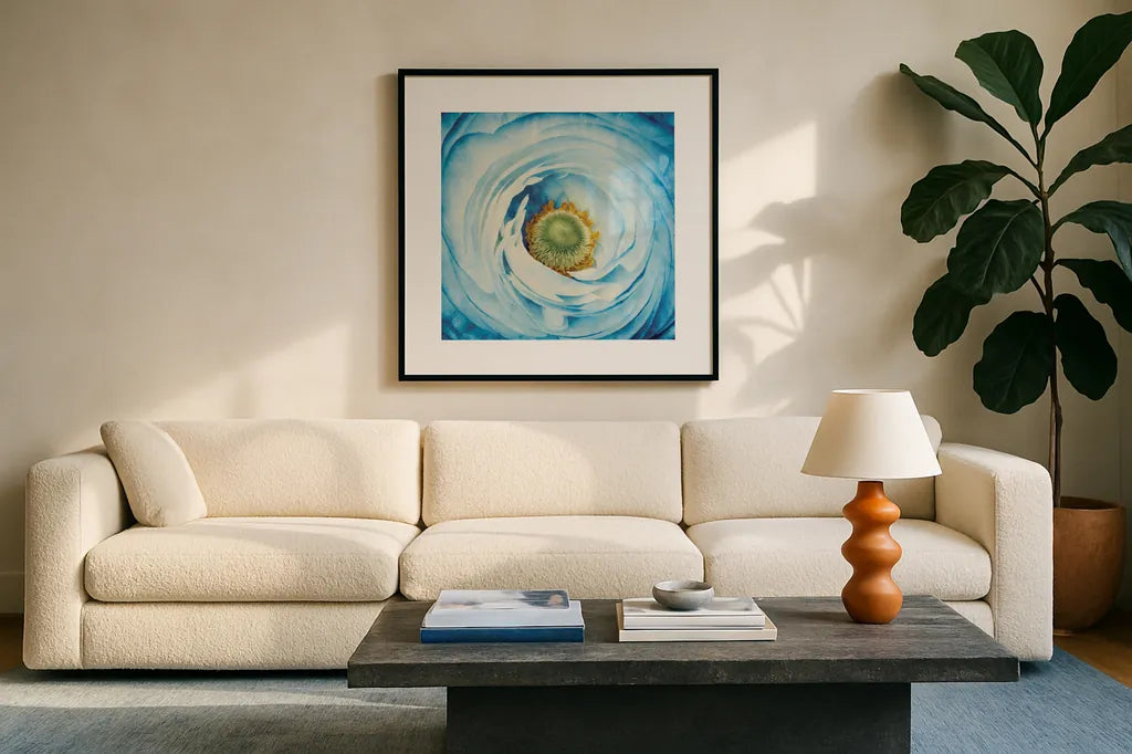White Peony with Blue by Aledanda. Displayed in a glass frame with matte in a clean modern living room. Available as an archival giclee rolled canvas, fine art paper, or poster print. SKU 45211a.