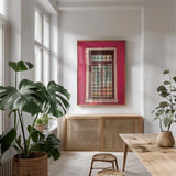 Windows of Burano III by Aledanda. shown as a print in a natural wood frame in a dining room. Available as a archival giclee rolled canvas, fine art paper, or poster print. SKU 41609h.