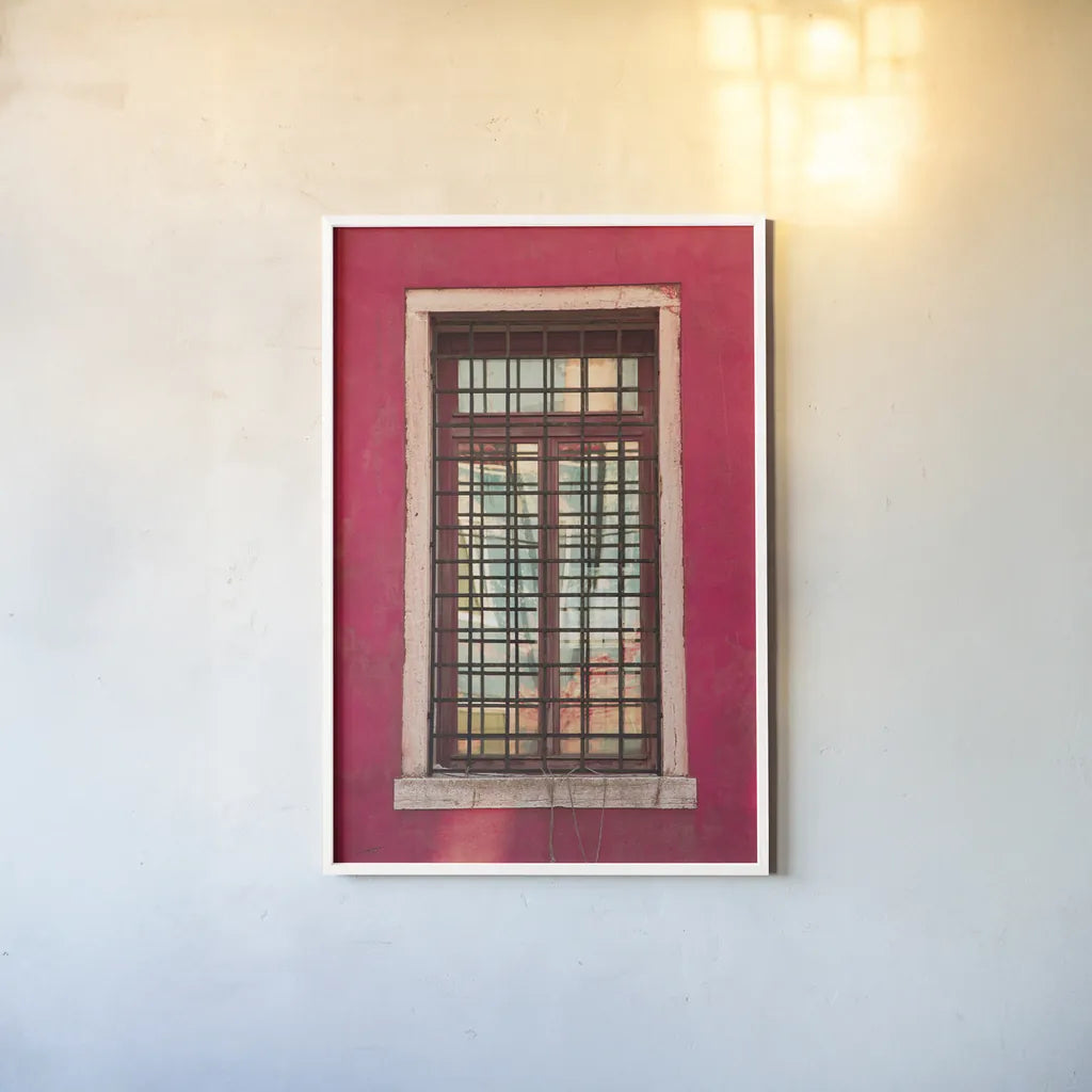 Windows of Burano III by Aledanda. shown as a paper print in a white frame. Available as a archival giclee rolled canvas, fine art paper, or poster print. SKU 41609h.