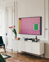 Windows of Burano V by Aledanda. shown as a framed stretched canvas in a living room above a console. Available as a archival giclee rolled canvas, fine art paper, or poster print. SKU 41611i.