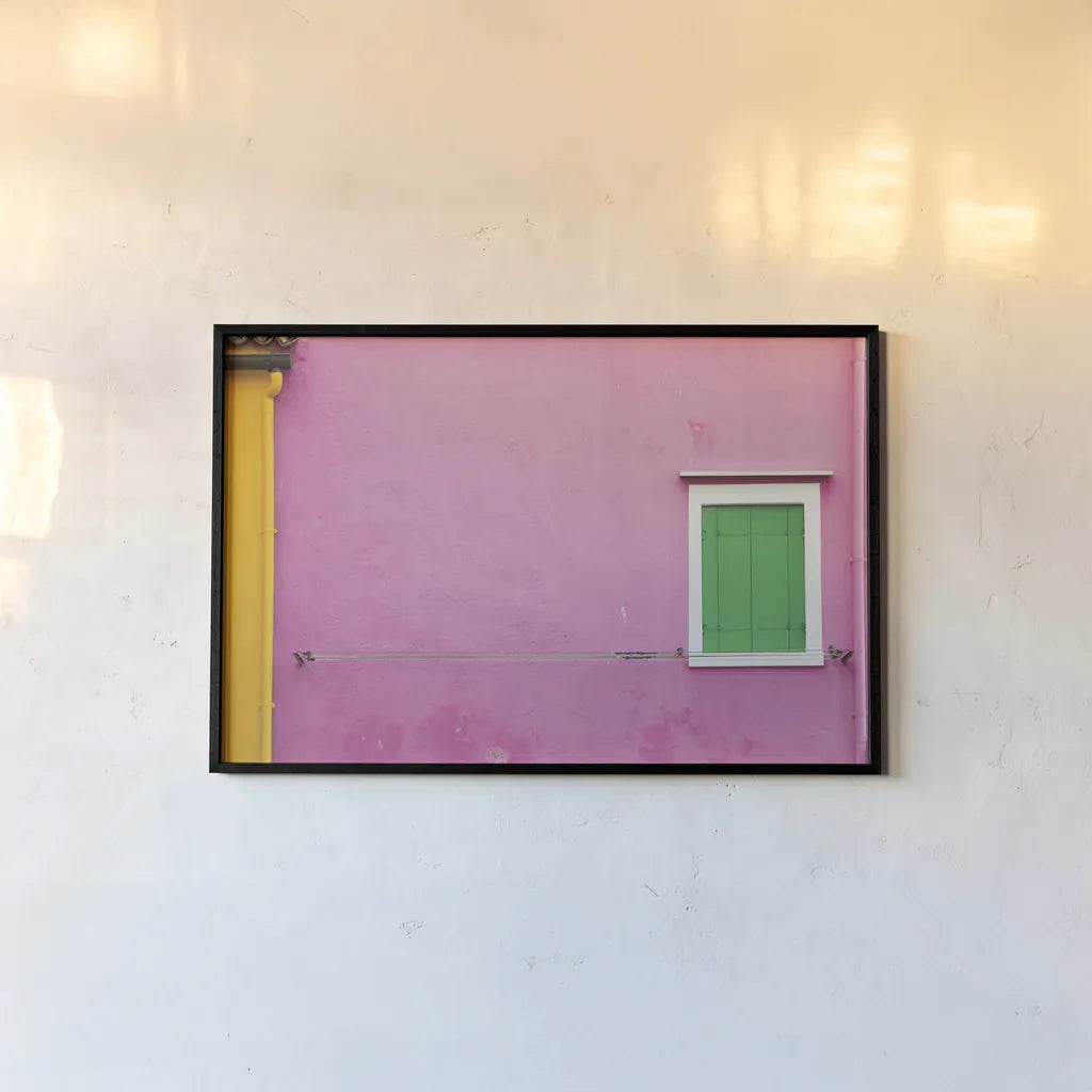Windows of Burano V by Aledanda. shown as a paper print in a black flame. Available as a archival giclee rolled canvas, fine art paper, or poster print. SKU 41611i.