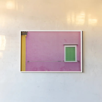 Windows of Burano V by Aledanda. shown as a paper print in a white frame. Available as a archival giclee rolled canvas, fine art paper, or poster print. SKU 41611i.