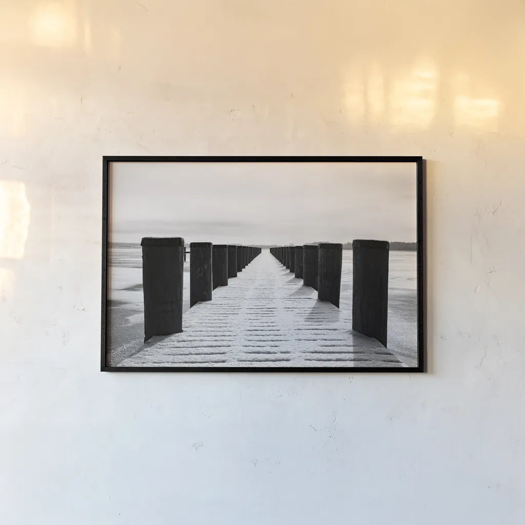 Winter Dock by Aledanda. shown as a paper print in a black flame. Available as a archival giclee rolled canvas, fine art paper, or poster print. SKU 64384i.