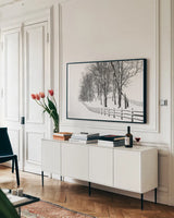 Winter Wonderland by Aledanda. shown as a framed stretched canvas in a living room above a console. Available as a archival giclee rolled canvas, fine art paper, or poster print. SKU 62478i.