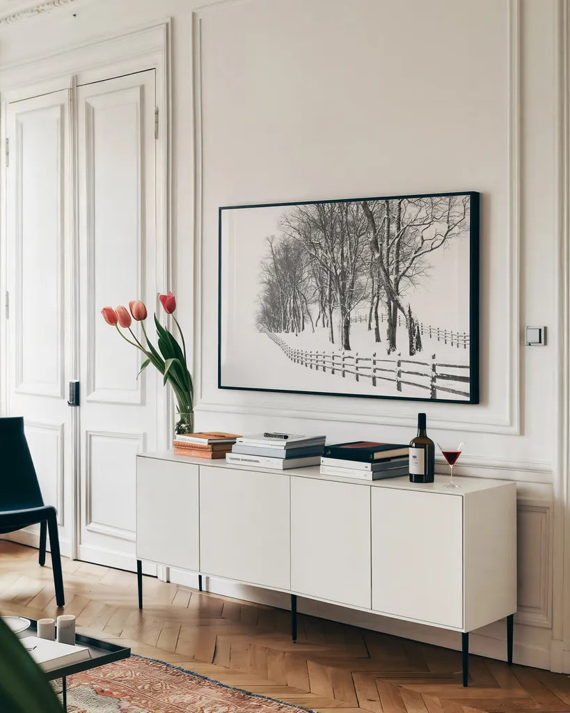 Winter Wonderland by Aledanda. shown as a framed stretched canvas in a living room above a console. Available as a archival giclee rolled canvas, fine art paper, or poster print. SKU 62478i.