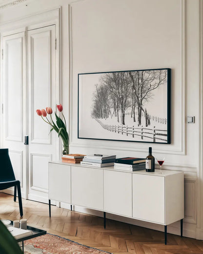 Winter Wonderland by Aledanda. shown as a framed stretched canvas in a living room above a console. Available as a archival giclee rolled canvas, fine art paper, or poster print. SKU 62478i.