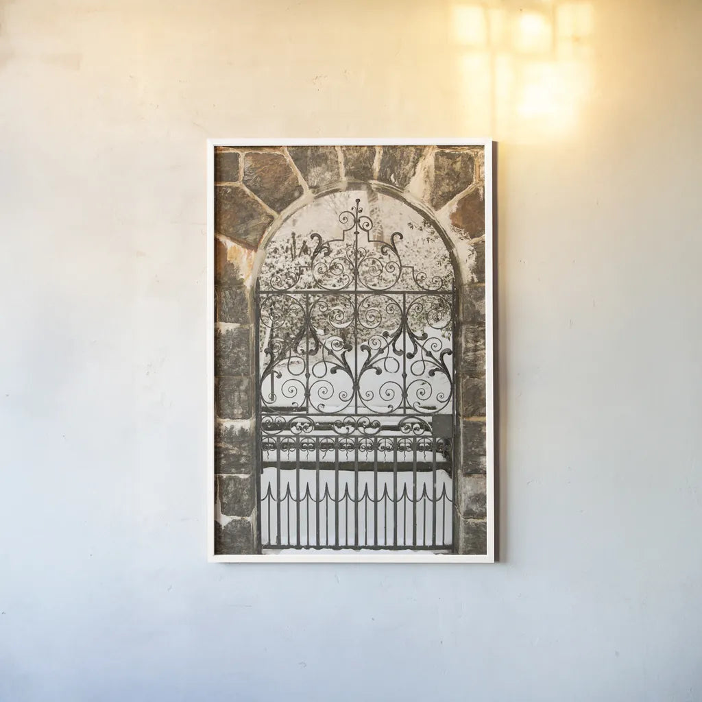 Winterthur Gate by Aledanda. shown as a paper print in a white frame. Available as a archival giclee rolled canvas, fine art paper, or poster print. SKU 53589h.