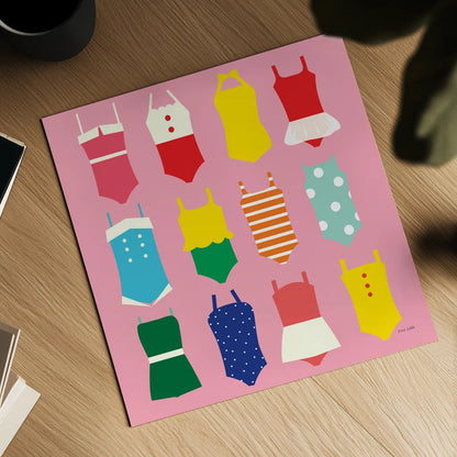 Bathing Suits Galore by Ann Kelle. Shown as a detailed flat fine art print, highlighting archival giclee quality. Available as an archival giclee rolled canvas, fine art paper, or poster print. SKU 61299a.