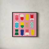Bathing Suits Galore by Ann Kelle. Shown in a sleek black glass frame for a contemporary gallery look. Available as an archival giclee rolled canvas, fine art paper, or poster print. SKU 61299a.