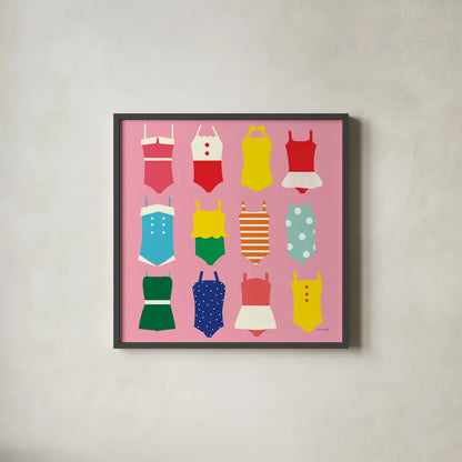 Bathing Suits Galore by Ann Kelle. Shown in a sleek black glass frame for a contemporary gallery look. Available as an archival giclee rolled canvas, fine art paper, or poster print. SKU 61299a.