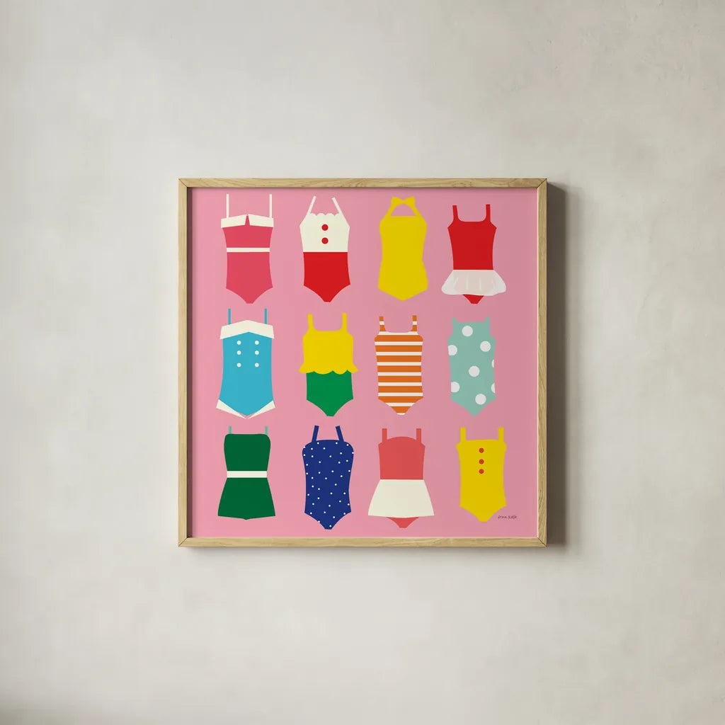 Bathing Suits Galore by Ann Kelle. Shown in a natural wood glass frame for a timeless modern aesthetic. Available as an archival giclee rolled canvas, fine art paper, or poster print. SKU 61299a.
