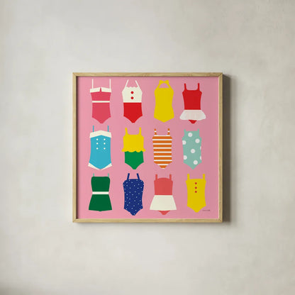 Bathing Suits Galore by Ann Kelle. Shown in a natural wood glass frame for a timeless modern aesthetic. Available as an archival giclee rolled canvas, fine art paper, or poster print. SKU 61299a.