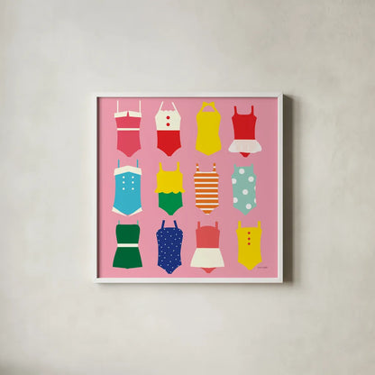 Bathing Suits Galore by Ann Kelle. Shown in a crisp white glass frame for a clean and minimalist style. Available as an archival giclee rolled canvas, fine art paper, or poster print. SKU 61299a.