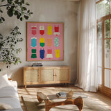 Bathing Suits Galore by Ann Kelle. Shown in a natural wood frame in a cozy modern living room. Available as an archival giclee rolled canvas, fine art paper, or poster print. SKU 61299a.