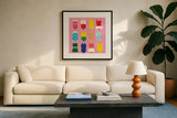 Bathing Suits Galore by Ann Kelle. Displayed in a glass frame with matte in a clean modern living room. Available as an archival giclee rolled canvas, fine art paper, or poster print. SKU 61299a.