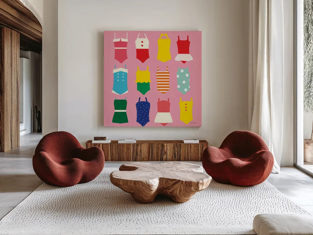 Bathing Suits Galore by Ann Kelle. Shown as extra-large giant wall art in a modern living room. Available as an archival giclee rolled canvas, fine art paper, or poster print. SKU 61299a.