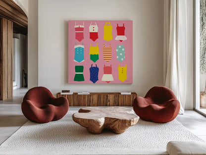 Bathing Suits Galore by Ann Kelle. Shown as extra-large giant wall art in a modern living room. Available as an archival giclee rolled canvas, fine art paper, or poster print. SKU 61299a.