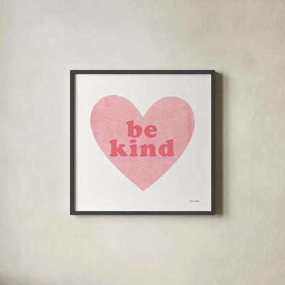 Be Kind Heart by Ann Kelle. Shown in a sleek black glass frame for a contemporary gallery look. Available as an archival giclee rolled canvas, fine art paper, or poster print. SKU 55609a.