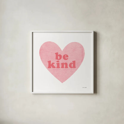 Be Kind Heart by Ann Kelle. Shown in a crisp white glass frame for a clean and minimalist style. Available as an archival giclee rolled canvas, fine art paper, or poster print. SKU 55609a.