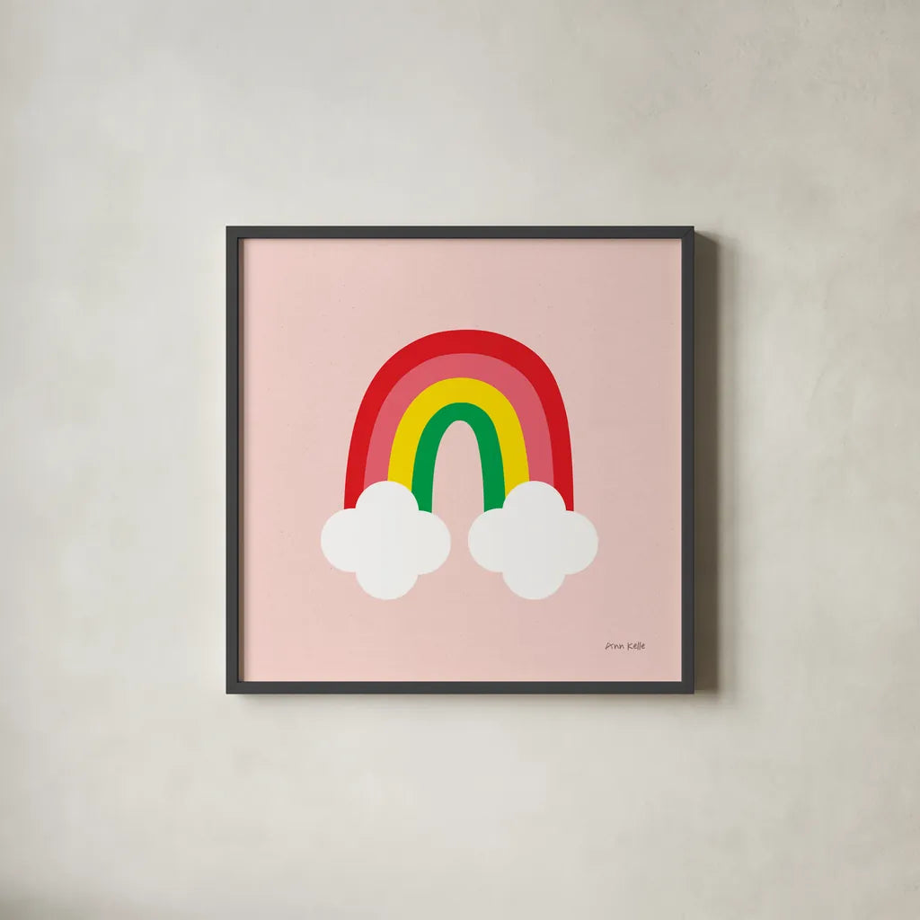 Bright Rainbow II by Ann Kelle. Shown in a sleek black glass frame for a contemporary gallery look. Available as an archival giclee rolled canvas, fine art paper, or poster print. SKU 56493a.
