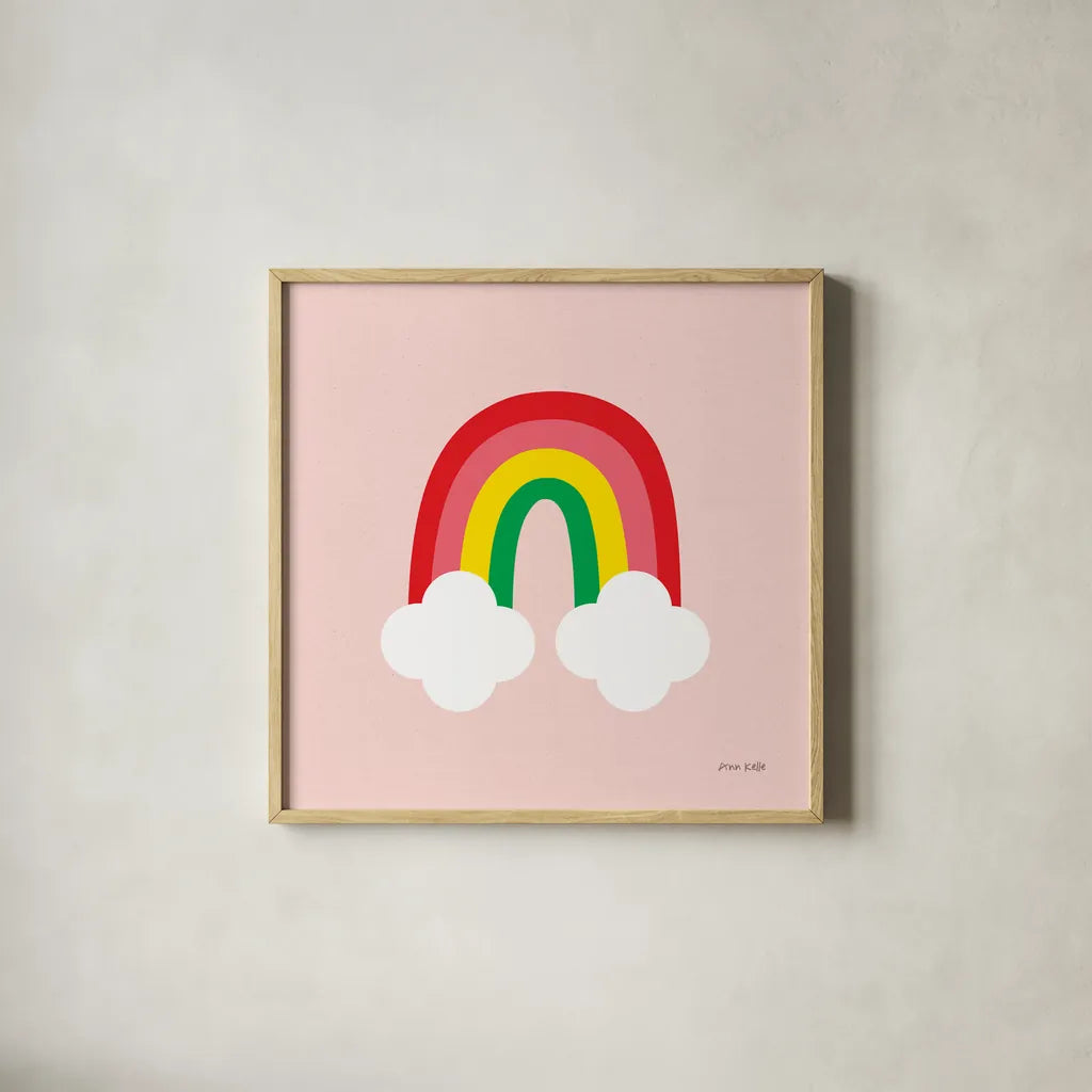 Bright Rainbow II by Ann Kelle. Shown in a natural wood glass frame for a timeless modern aesthetic. Available as an archival giclee rolled canvas, fine art paper, or poster print. SKU 56493a.