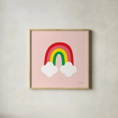 Bright Rainbow II by Ann Kelle. Shown in a natural wood glass frame for a timeless modern aesthetic. Available as an archival giclee rolled canvas, fine art paper, or poster print. SKU 56493a.