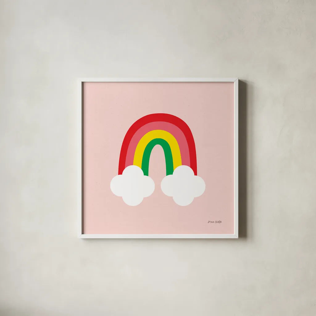 Bright Rainbow II by Ann Kelle. Shown in a crisp white glass frame for a clean and minimalist style. Available as an archival giclee rolled canvas, fine art paper, or poster print. SKU 56493a.