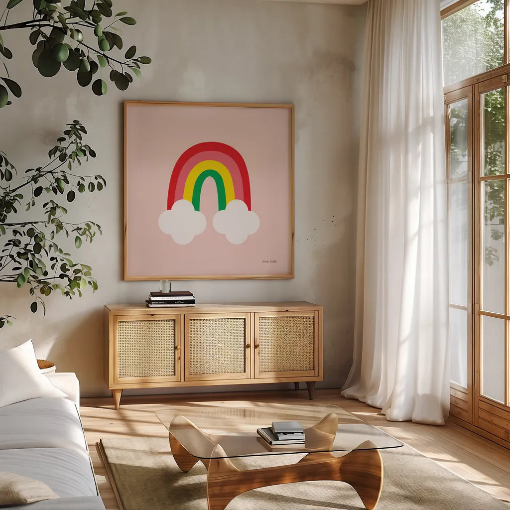Bright Rainbow II by Ann Kelle. Shown in a natural wood frame in a cozy modern living room. Available as an archival giclee rolled canvas, fine art paper, or poster print. SKU 56493a.