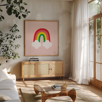 Bright Rainbow II by Ann Kelle. Shown in a natural wood frame in a cozy modern living room. Available as an archival giclee rolled canvas, fine art paper, or poster print. SKU 56493a.