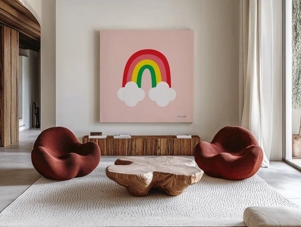 Bright Rainbow II by Ann Kelle. Shown as extra-large giant wall art in a modern living room. Available as an archival giclee rolled canvas, fine art paper, or poster print. SKU 56493a.