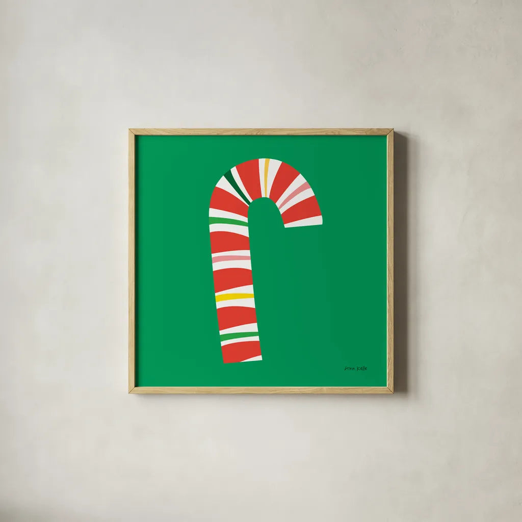 Candy Cane by Ann Kelle. Shown in a natural wood glass frame for a timeless modern aesthetic. Available as an archival giclee rolled canvas, fine art paper, or poster print. SKU 81223a.