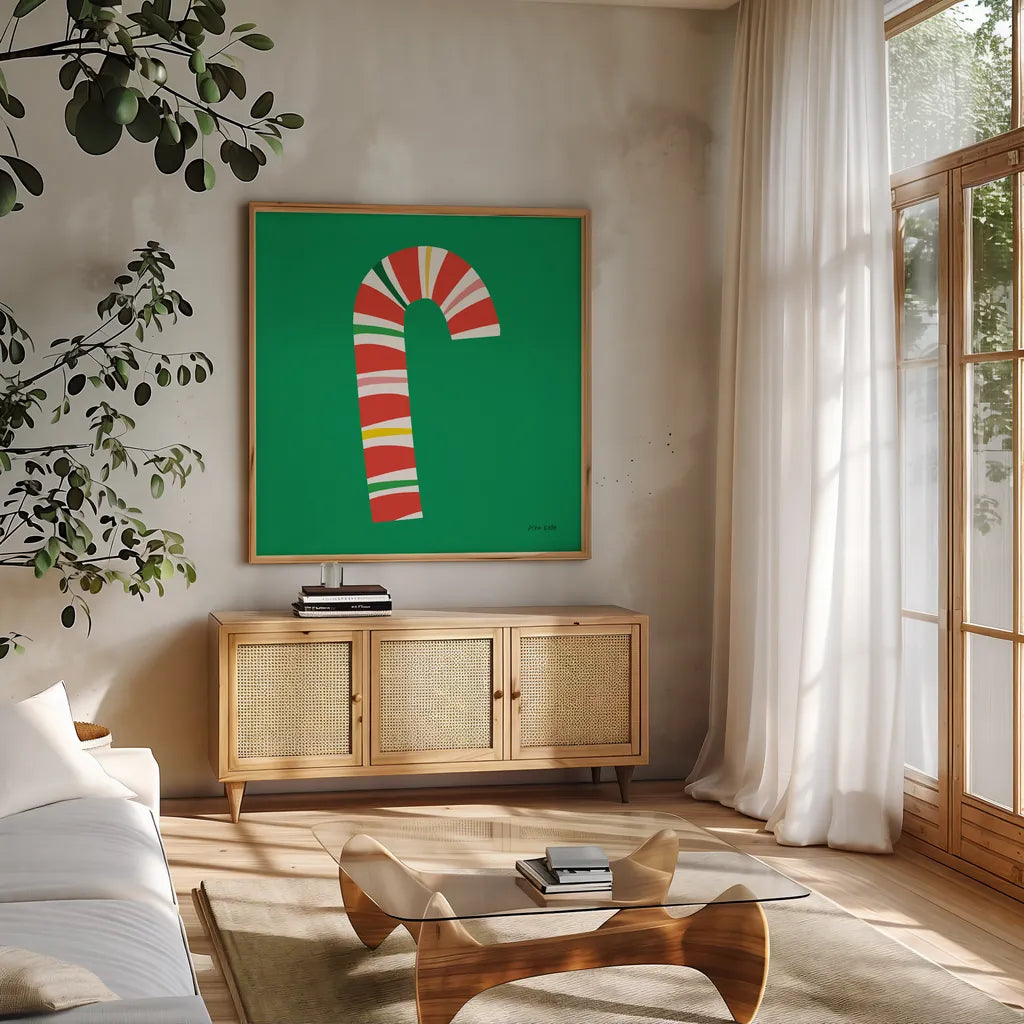 Candy Cane by Ann Kelle. Shown in a natural wood frame in a cozy modern living room. Available as an archival giclee rolled canvas, fine art paper, or poster print. SKU 81223a.